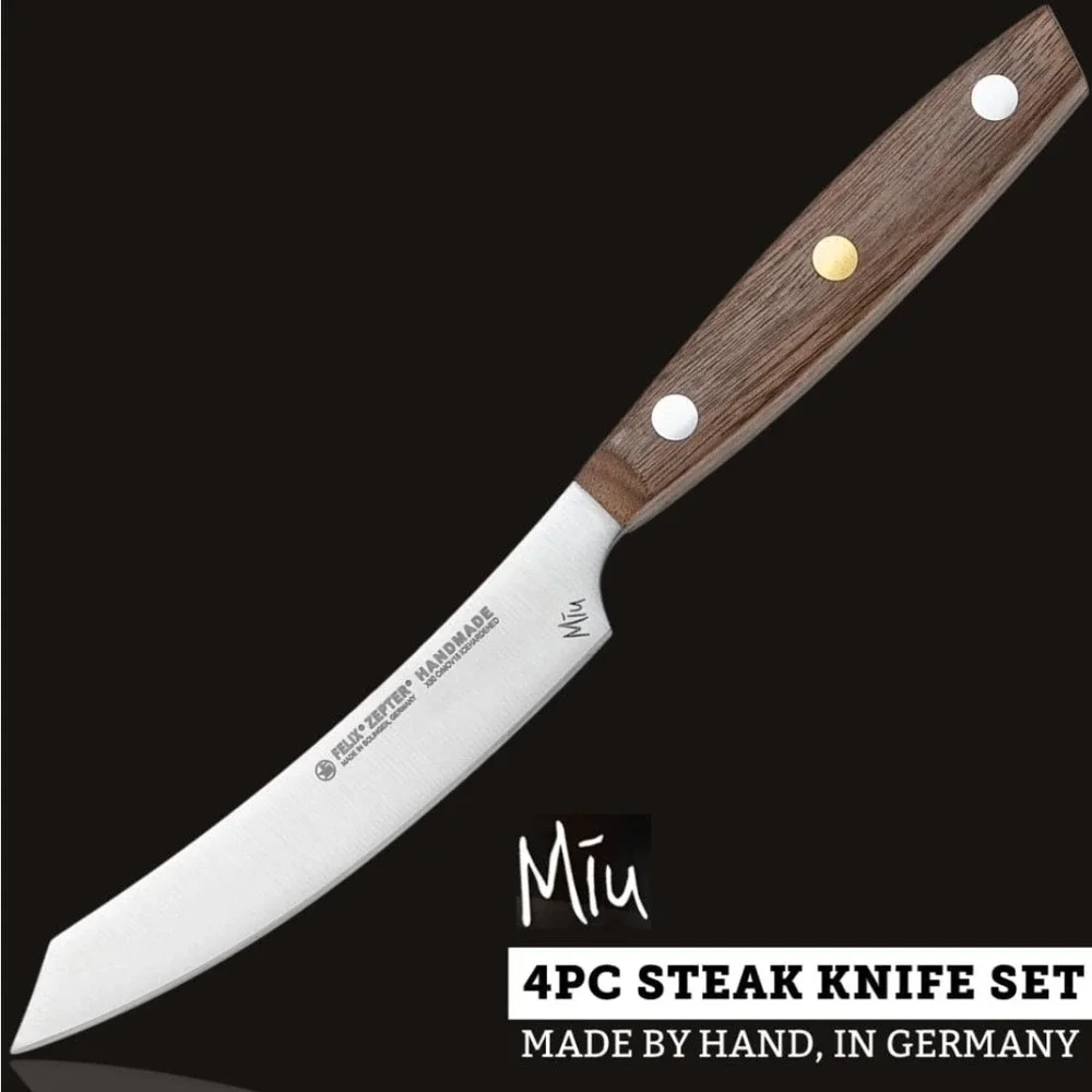Felix Solingen Miu Steak Knife Set 4pc Walnut Wood Brass Handmade Germany 224604